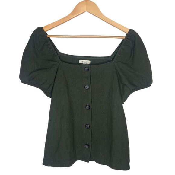 Madewell Top Size L Jacquard Square Neck Puff Sleeve Blouse Green NA409 Buttons - Picture 4 of 11